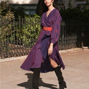 Tara Jarmon Striped Wrap Dress | Midnight Blue & Red | Size 36